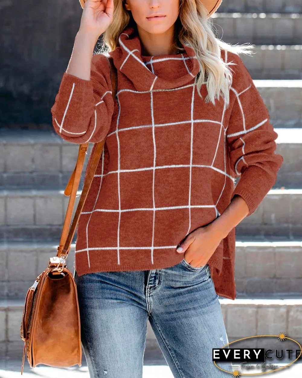 Rust Red Plaid Print Turndown Collar Pullover