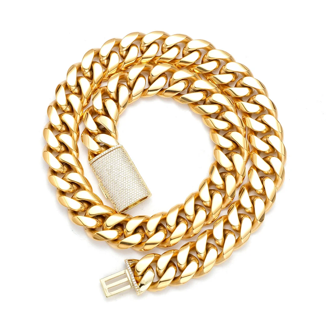 Mens Miami Cuban Link Chain 18K Gold 12/14/18/20/22mm Titanium Stainless Steel Curb Necklace with cz Diamond Chain Choker