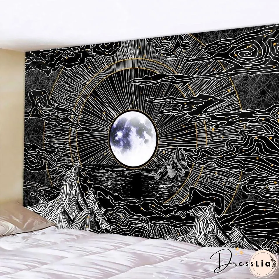 Black and white moon Mandala tapestry Bohemian decoration wall hanging bedroom psychedelic