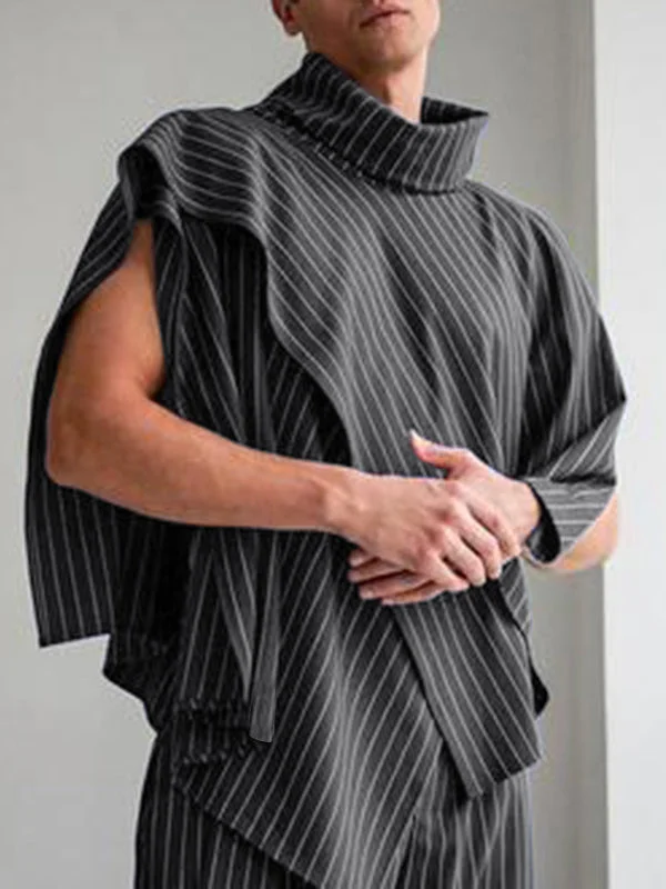 Aonga - Mens Irregular Striped High Neck Casual Cloak