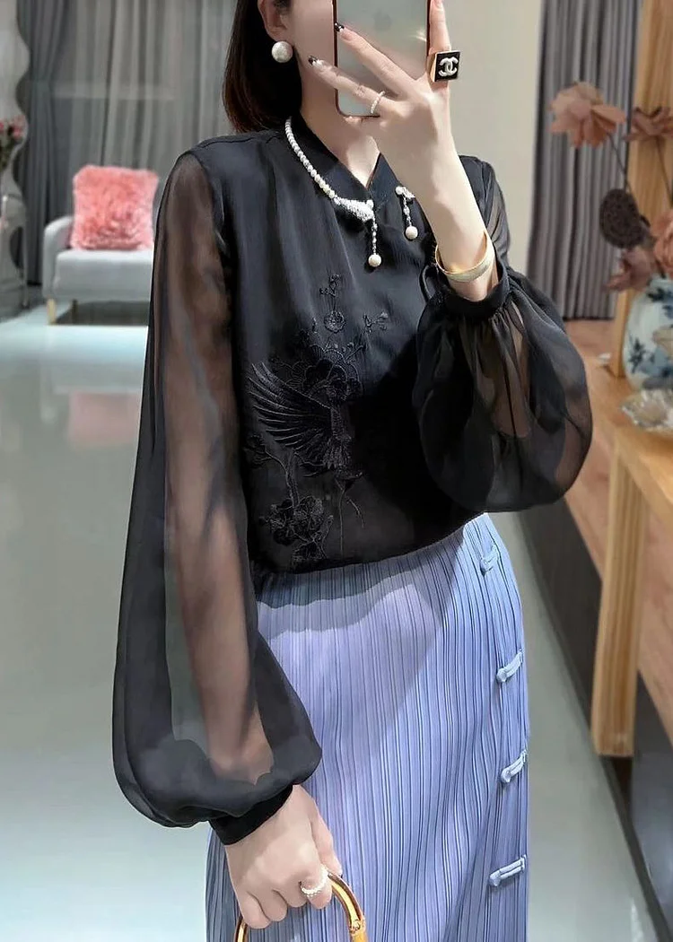 Black Solid Button Chiffon Blouses Stand Collar Lantern Sleeve