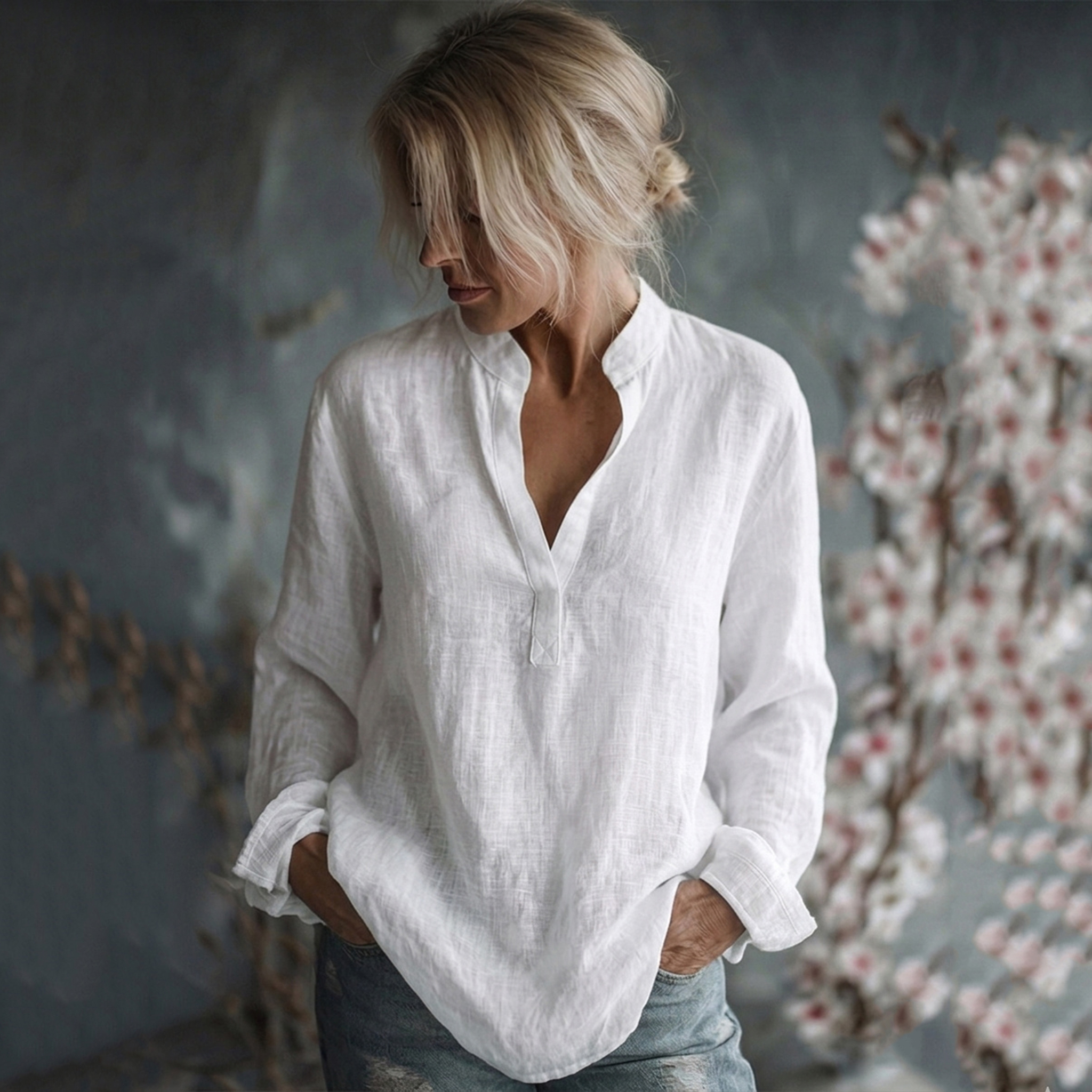 Comstylish Women's Vintage Linen Long Sleeve Shirt