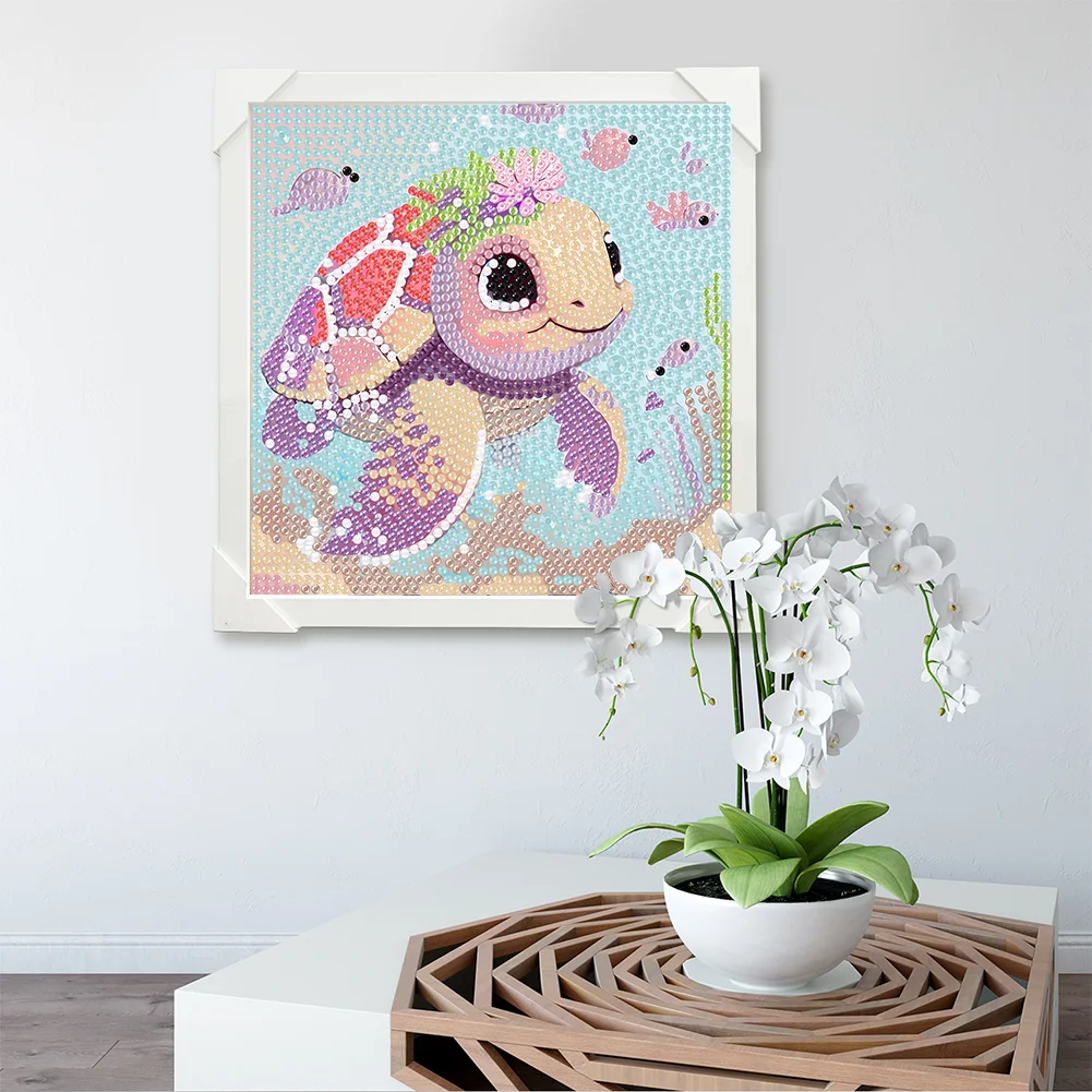 5D DIY Full Round Crystal Rhinestone Diamond Painting Sea Tuetle Kit Home Decor Art Craft For Kid(Canvas|15*15cm)【with Wooden Frame】