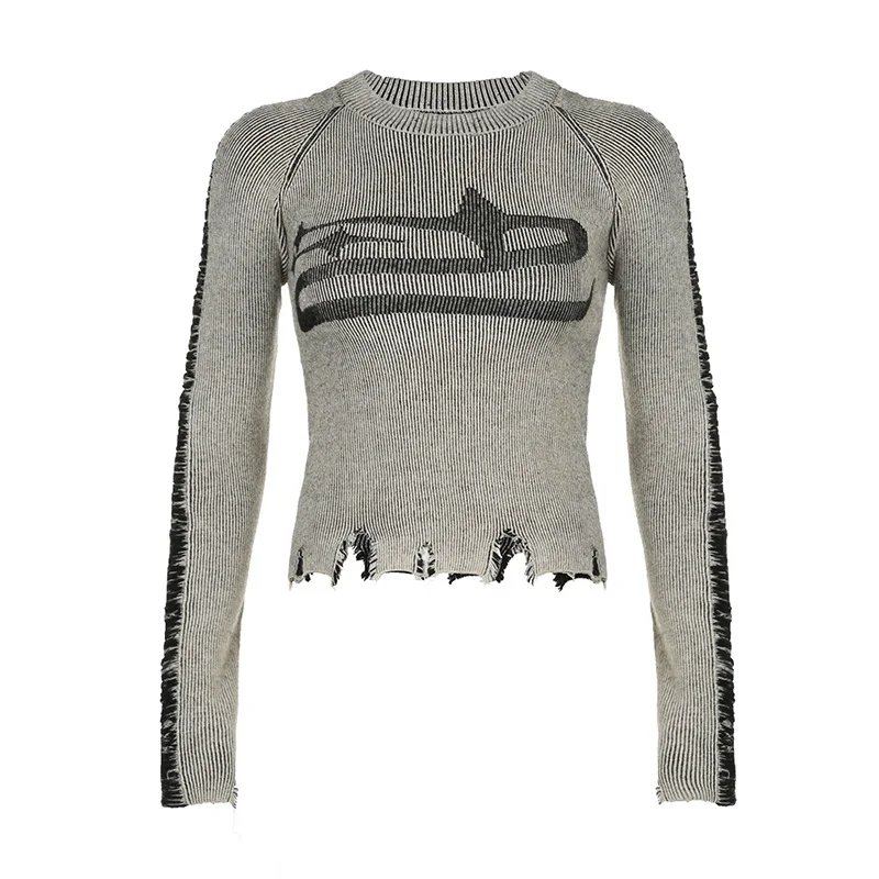 Ueong A 2023 New Spicy Girl's Casual T-Shirt With An Old Color, Tattered, Patchwork, Round Neck, Slim Woolen Blouse.