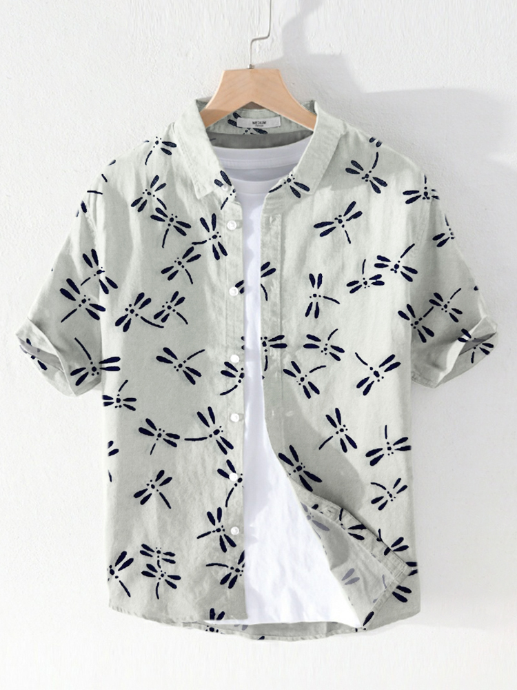 Comstylish Dragonfly Printed Linen Casual Short Sleeve Shirt