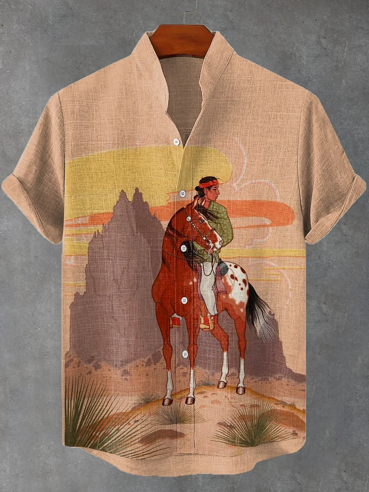 Men's Retro Western Aboriginal Horse Art Short Sleeve Linen Blend Shirt