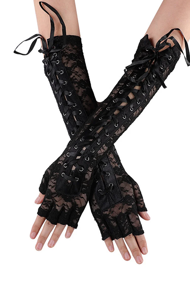 Gothic Black Party Lace Grommet Lace Up Leak Finger Gloves