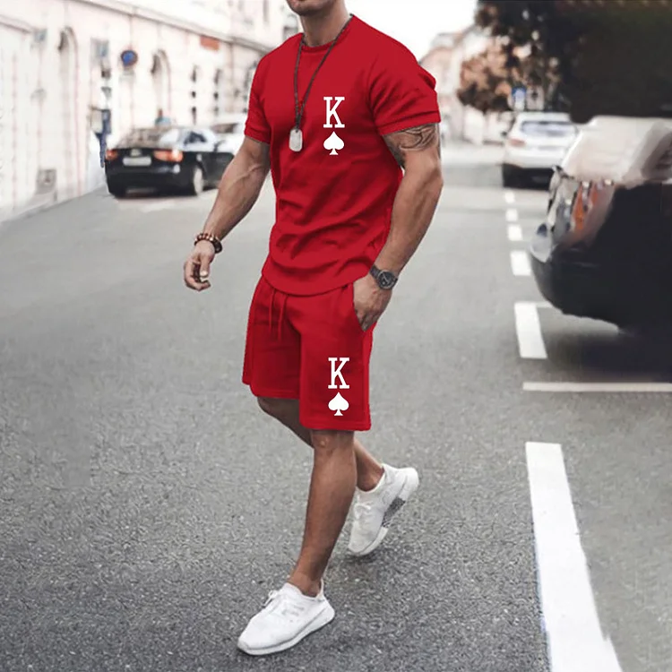 BrosWear Men's Casual Short Sleeve T-shirt Poker King Printed Two-piece Set