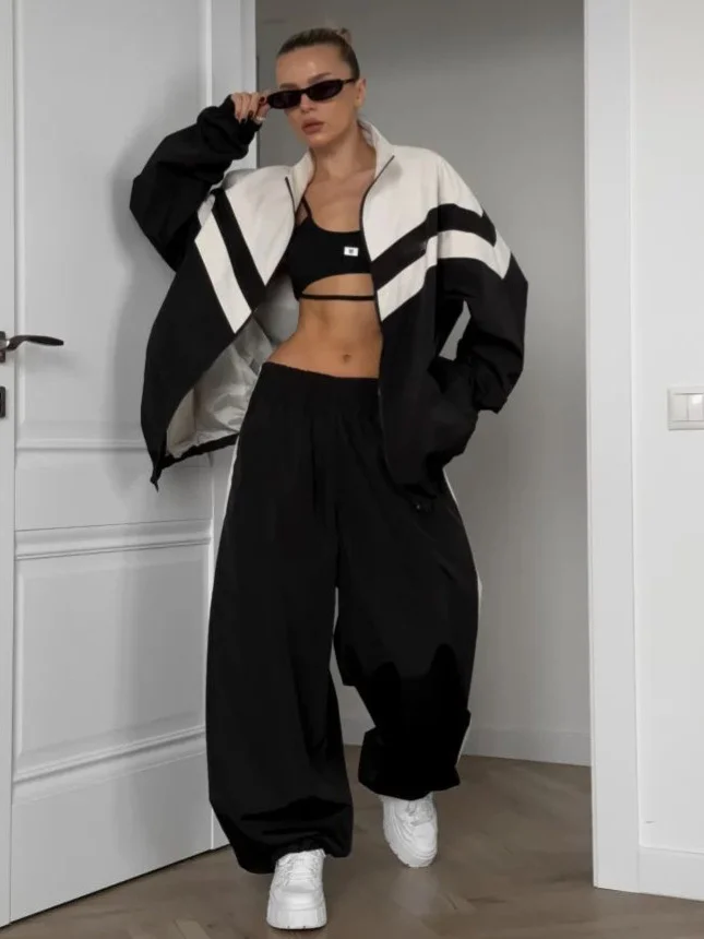 Athvotar Athvotar Women's Fashion Street Sports Style Spliced Wind Jacket Set Two Sets Of Women's Spring And Autumn Loose Breathability