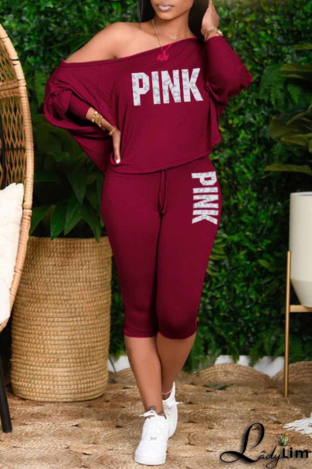 Pink Fashion Casual Letter Print Basic Oblique Collar Long Sleeve Two Pieces