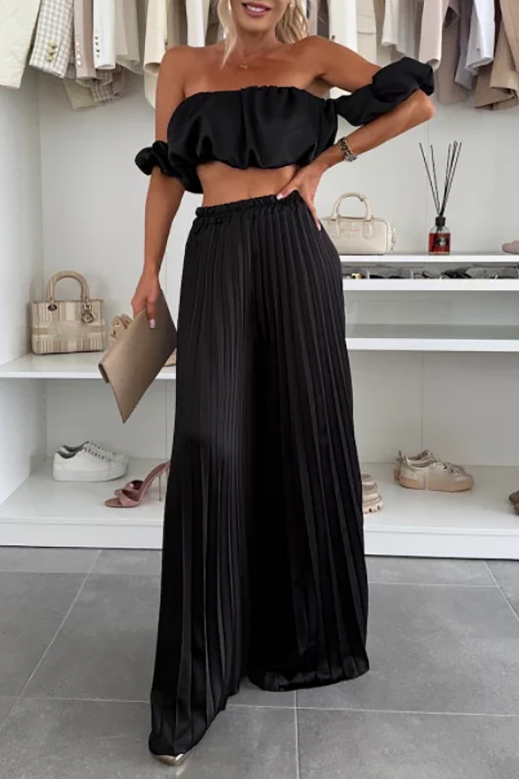 Off Shoulder Puffy Crop Top Pleated Wide Leg Pants Matching Set-Green