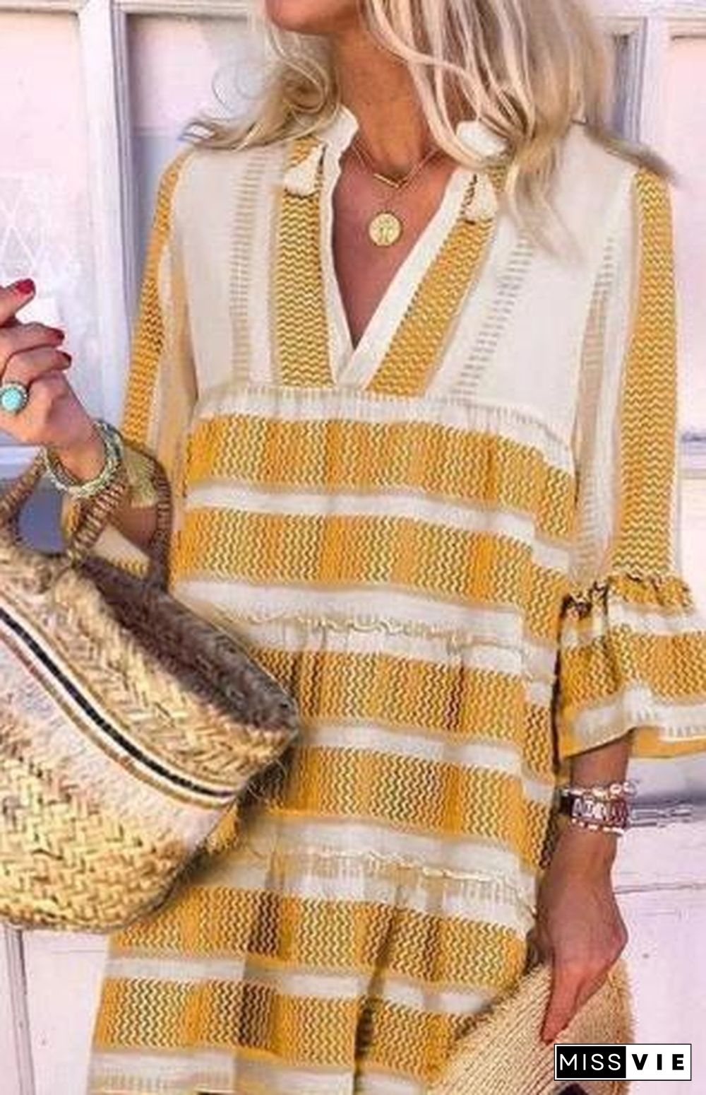 V-Neck Stripe Three Quarter Sleeve Dress