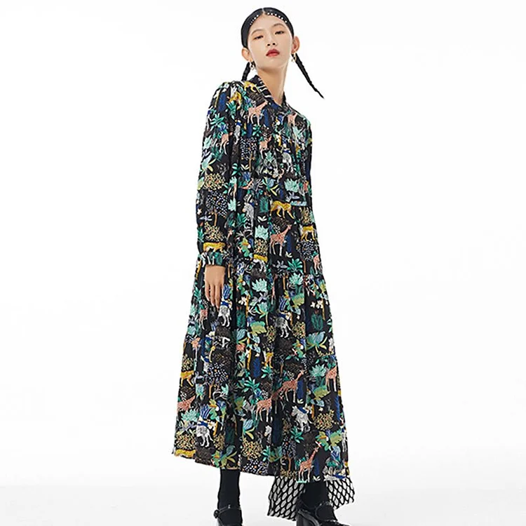 Design Loose Half Stand Collar Jungle Printed Long Sleeve Dresses                     