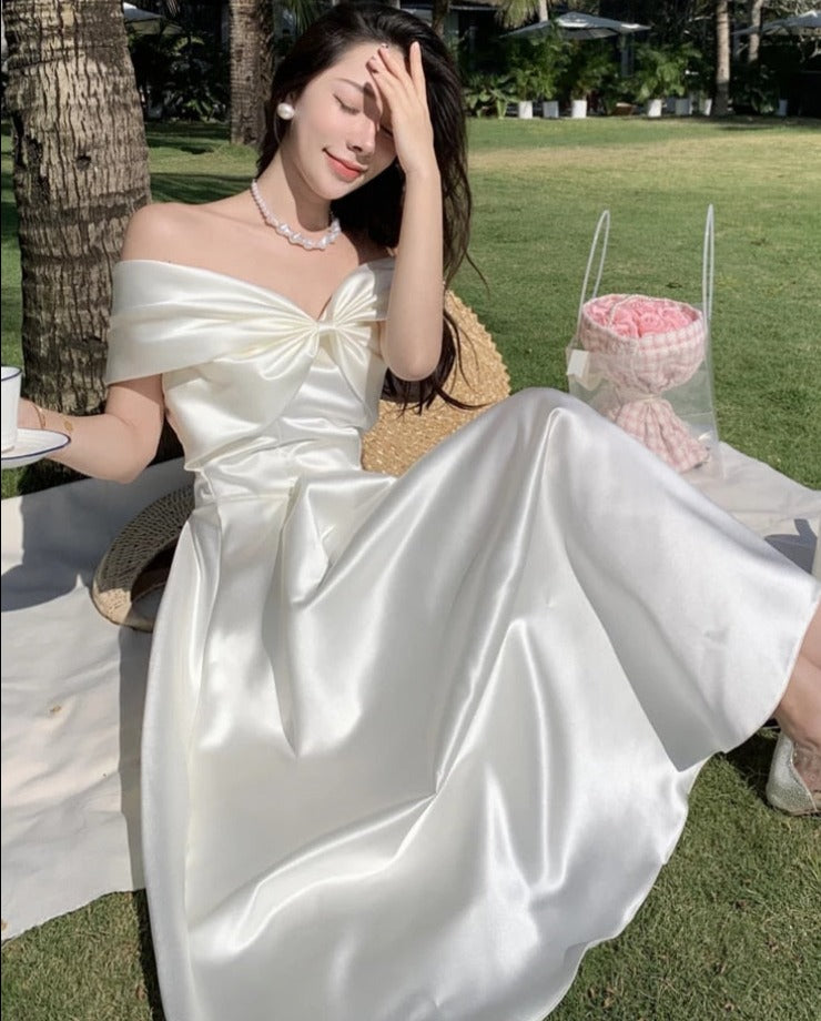 Bow Slash Neck Sexy Dress Summer Women White Fairy Elegant A-Line Midi Dresses Female Party Prom Clothes Vestdios LANFUBEISI