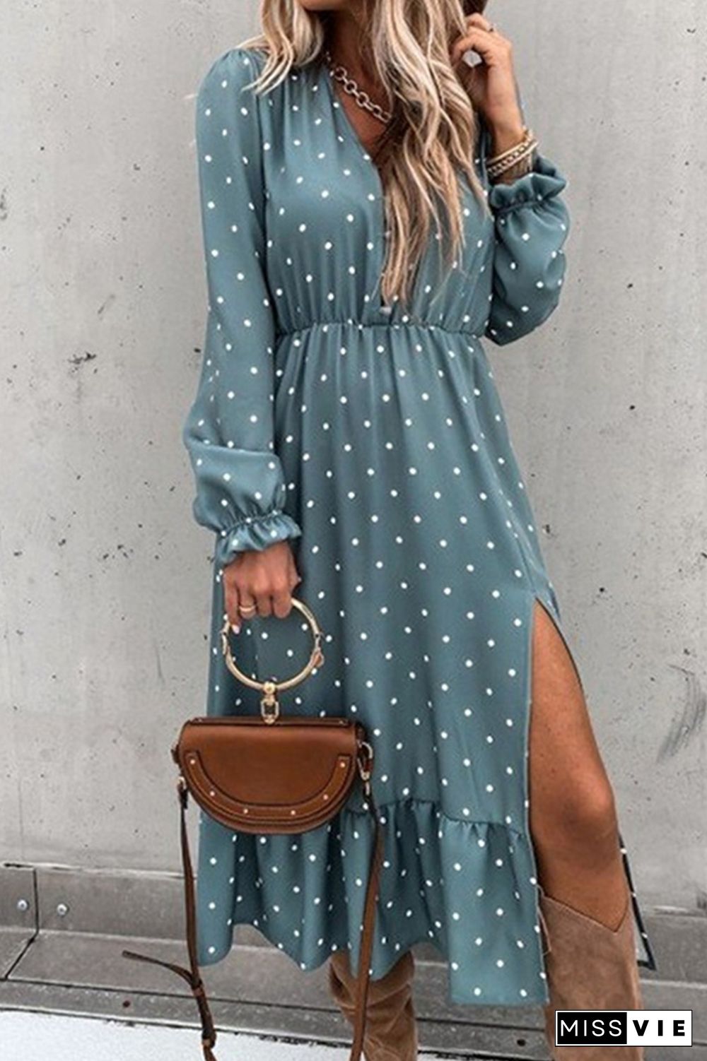 Casual Elegant Polka Dot Buckle Slit V Neck A Line Dresses