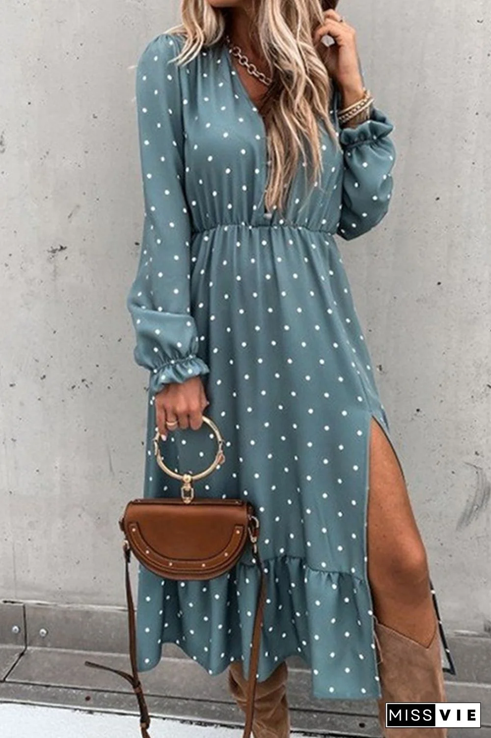 Casual Elegant Polka Dot Buckle Slit V Neck A Line Dresses