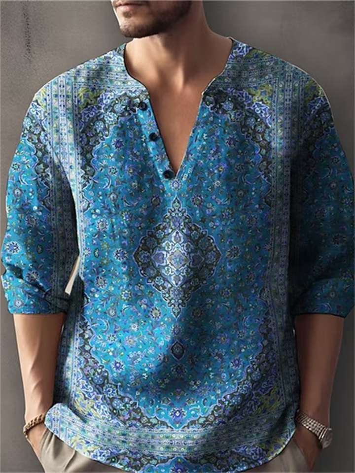 Simple 3D Printed Stand Collar Men's Casual Shirt Blue Purple Red Green