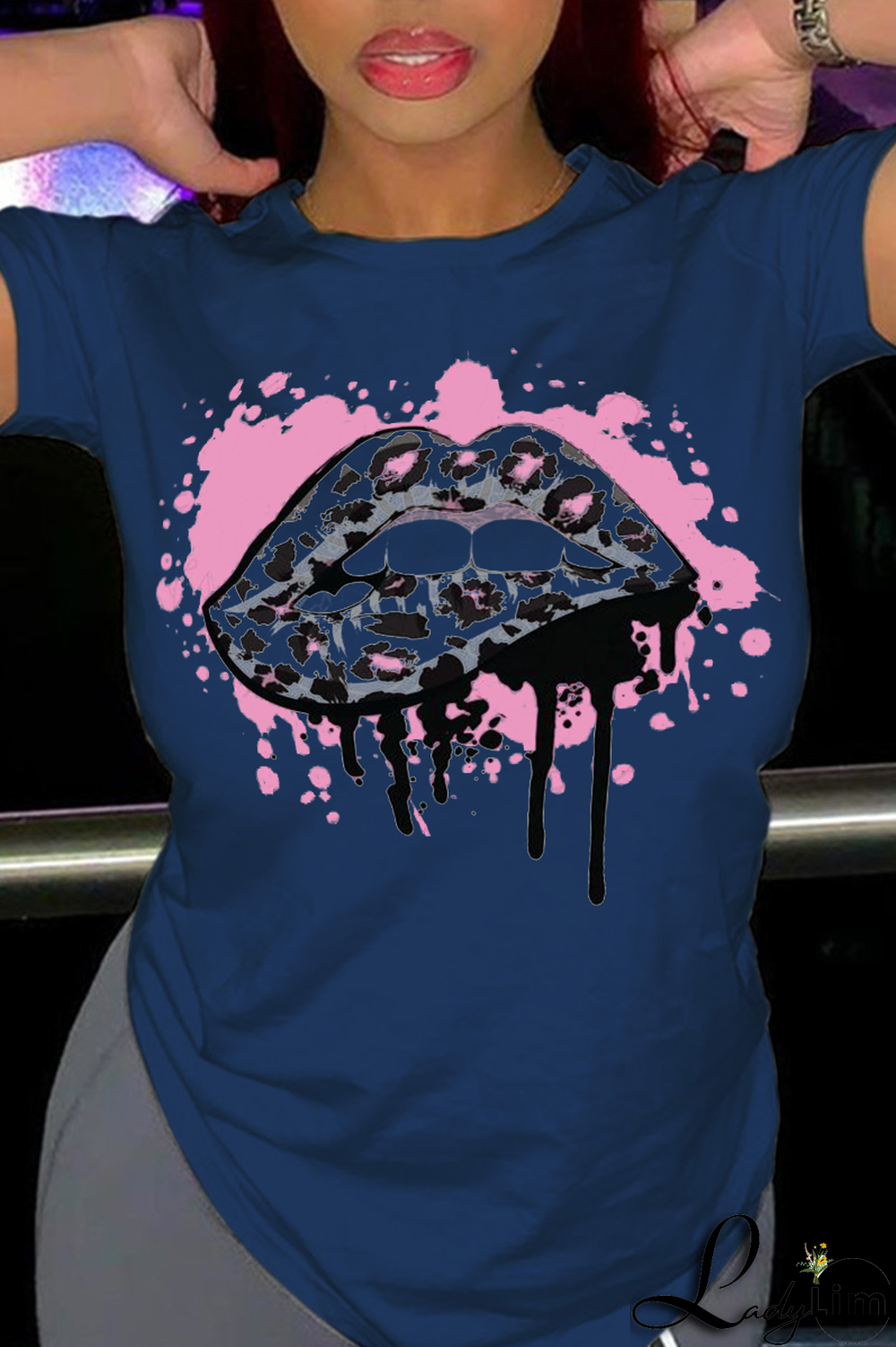 Black Fashion Street Lips Printed Split Joint O Neck T-Shirts