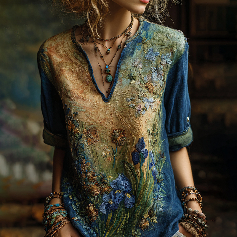 Iris And Sunflower Gradient Oil Painting V-neck Shirt  artssus