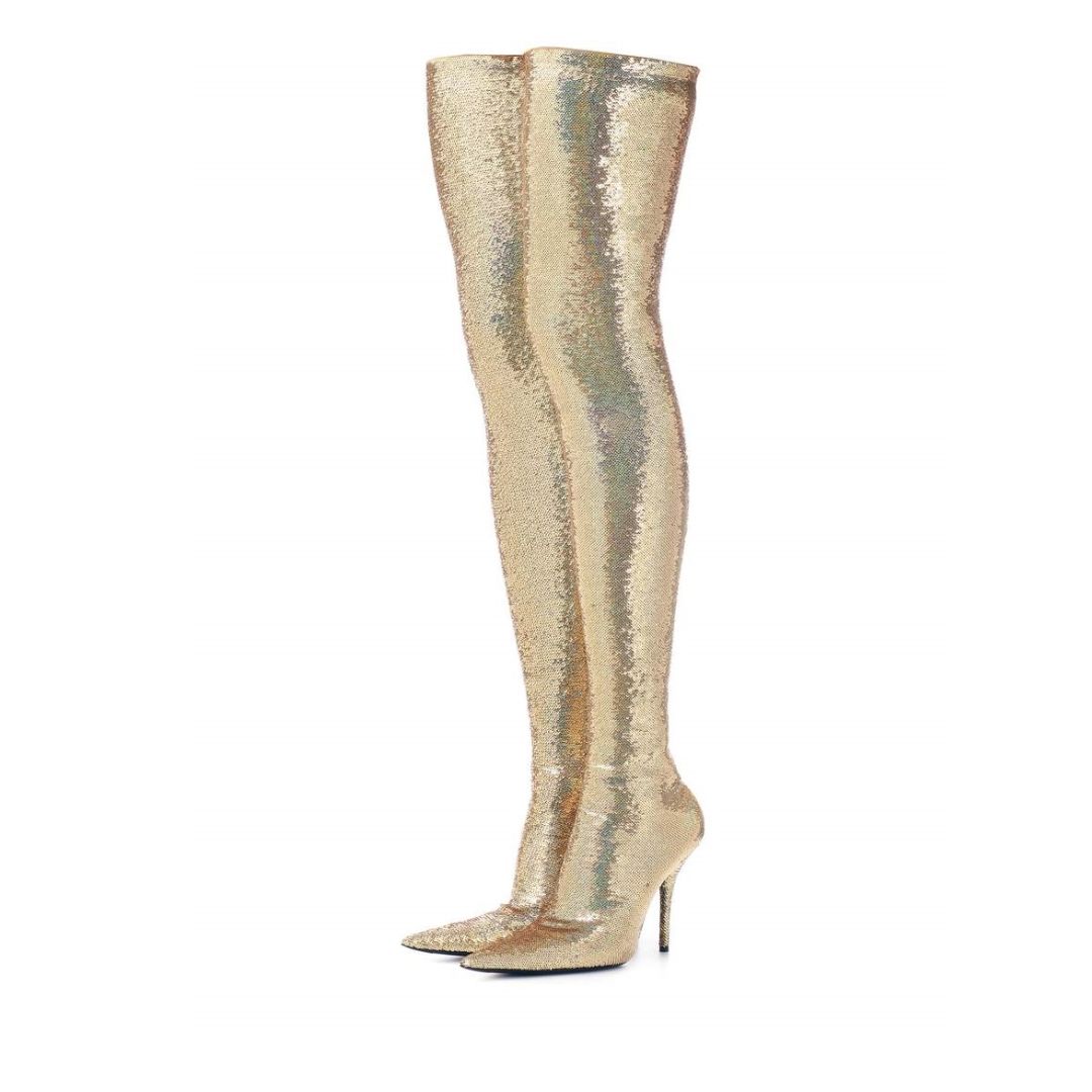 Gold Sequin Boots Pointy Toe Thigh High Party Long Boots|FSJshoes