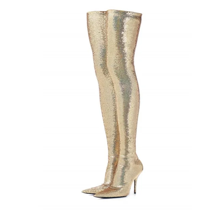 Gold Sequin Boots Pointy Toe Thigh High Party Long Boots |FSJ Shoes