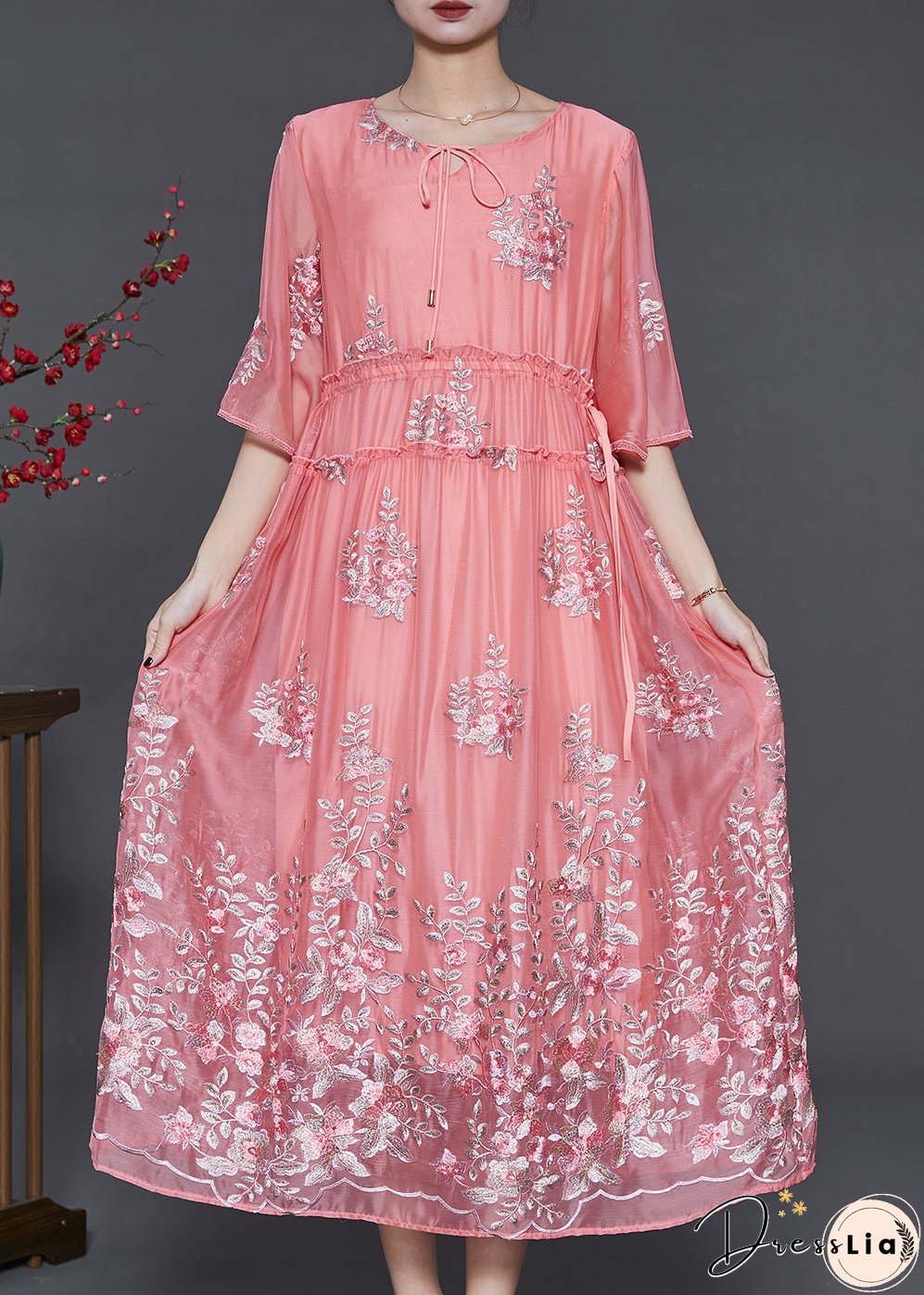 Women Pink Embroidered Silk Cinched Dress Summer
