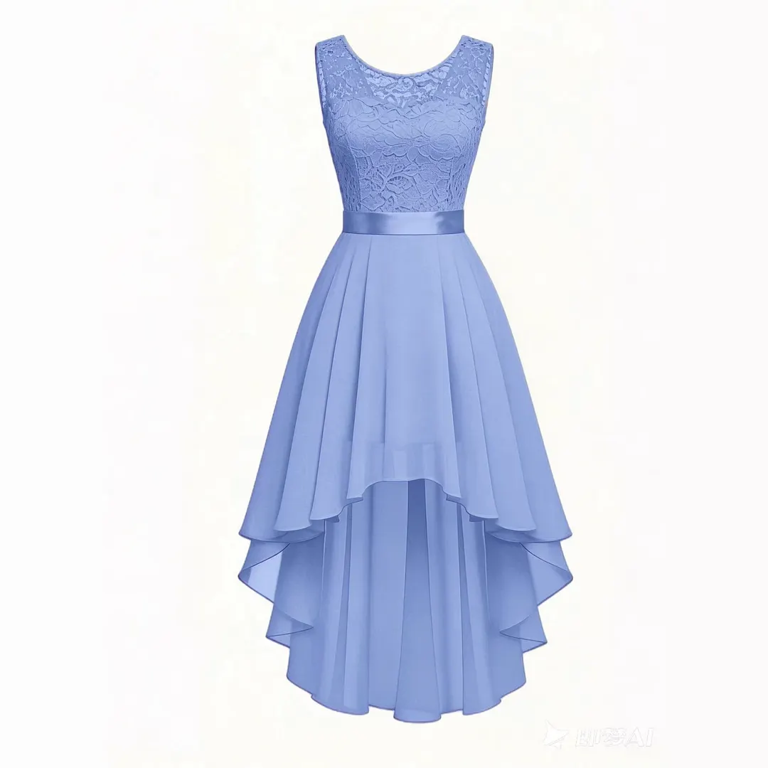 Solid Lace Sleeveless High-Low Party Dress