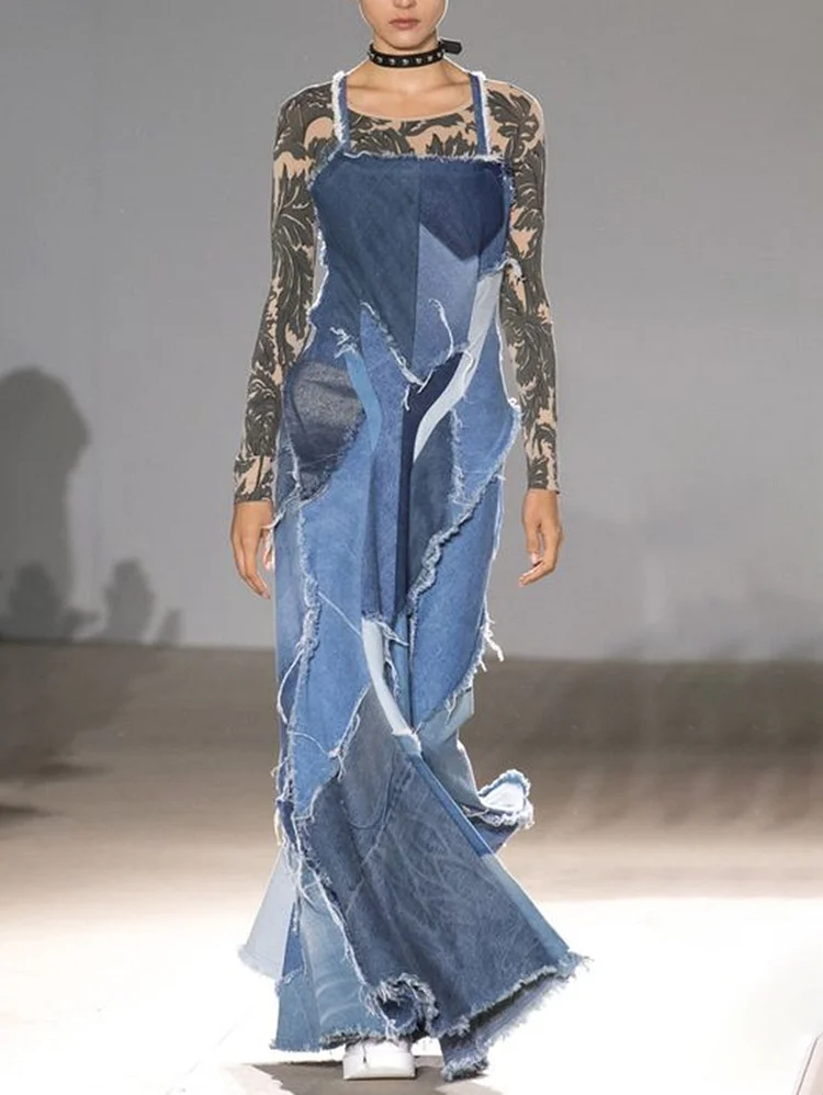 Fashion Spliced Raw Hem Cami Denim Maxi Dress