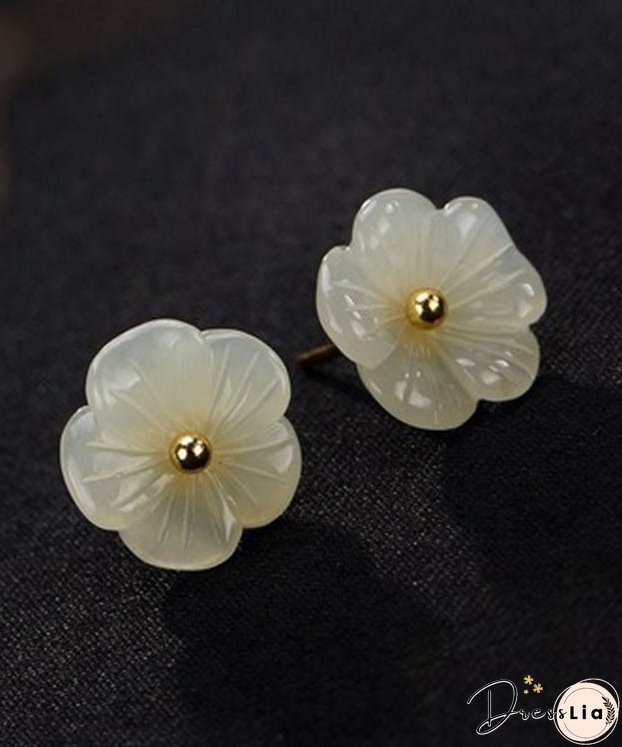 Simple White Sterling Silver Inlaid Jade Floral Stud Earrings