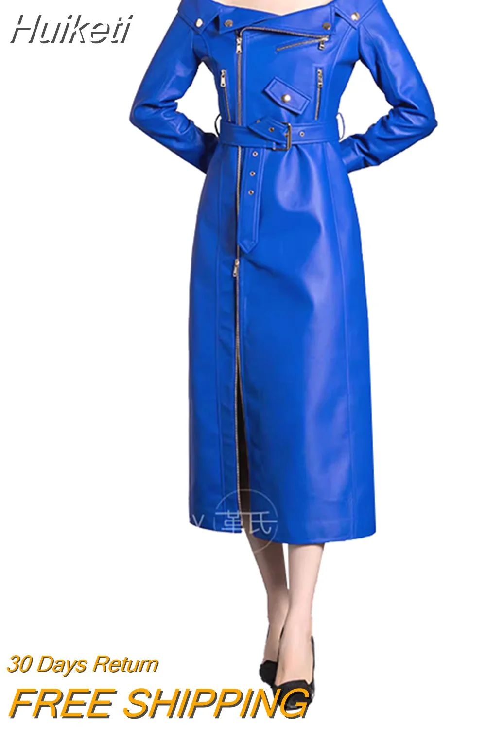 Huiketi Spring Autumn Cool Blue Pu Leather Maxi Biker Dress Women Zipper Belt Off Shoulder Elegant Luxury Designer Clothing 2023