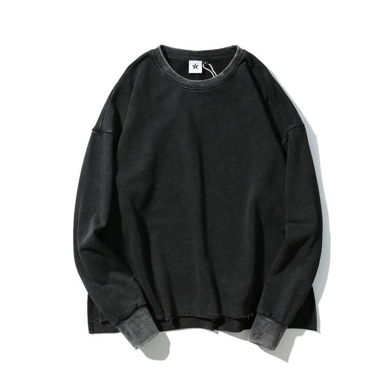 Men's Autumn Loose Vintage Washed Solid Round Neck Hooded Street Wind Terry Thin Section Hoodie Pure Cotton Casual Hoodies