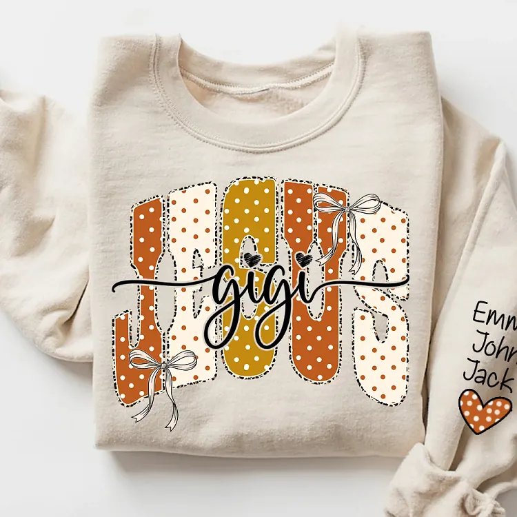 Personalized Jesus Gigi Sweatshirt, Custom Grandkids Names Sleeve Shirt, Earth Tone Polka Dot Ribbon Bow Faith Gigi Gift