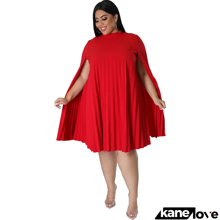 Plus Size Elegant Women Fashion Solid Color Pleated Blouse Dress