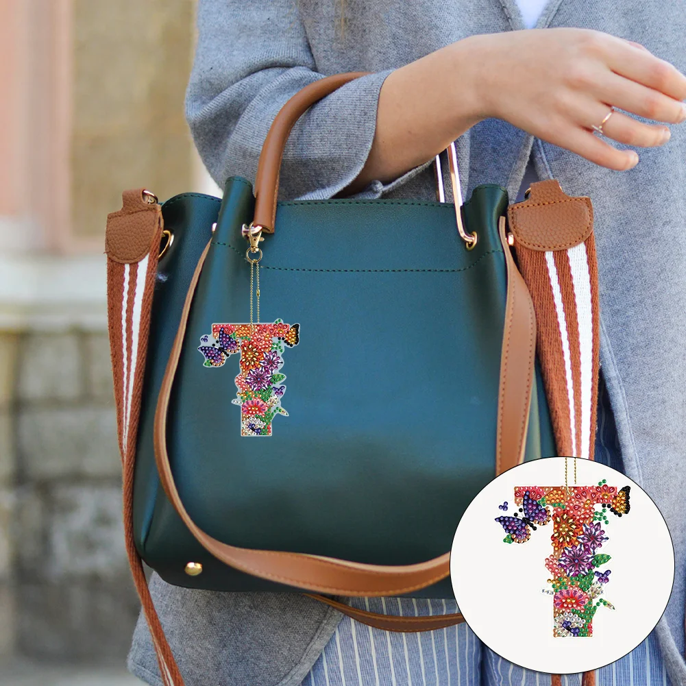 DIY T Diamond Art Key Rings Lettter Keychain Supplies Gift for Kids(Double Sided)