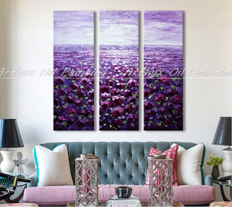 3 Pcs Combination Handpainted Flowers Oil Painting On Canvas Lavender Ocean Abstract Wall Art Picture For Living Room Decoration