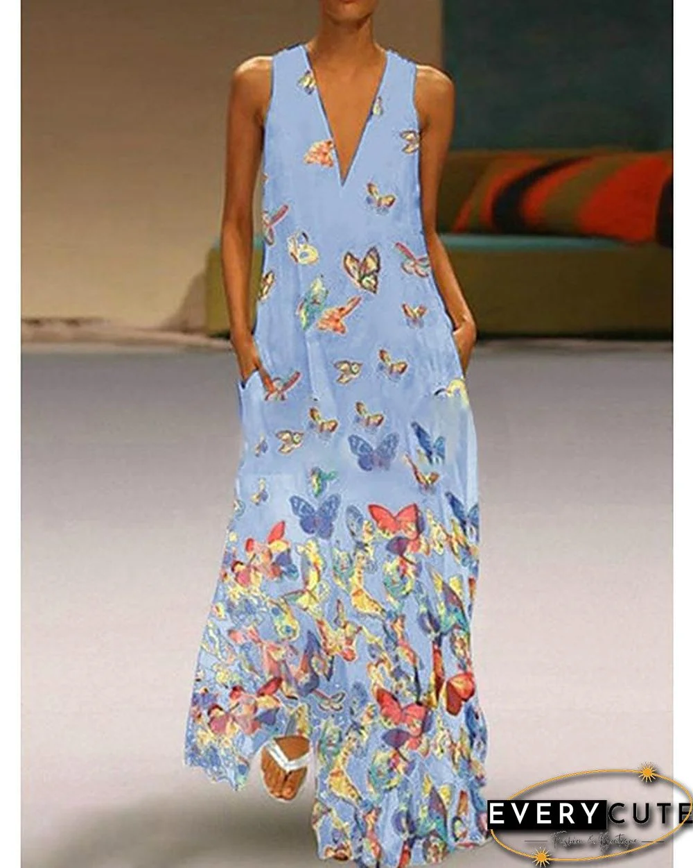 Women's A-Line Dress Maxi long Dress - Sleeveless Butterfly Animal Print Summer Deep V Plus Size Hot Casual Beach  White Purple Yellow Blushing Pink Light Blue S M L XL XXL 3XL 4XL 5XL White Dresses