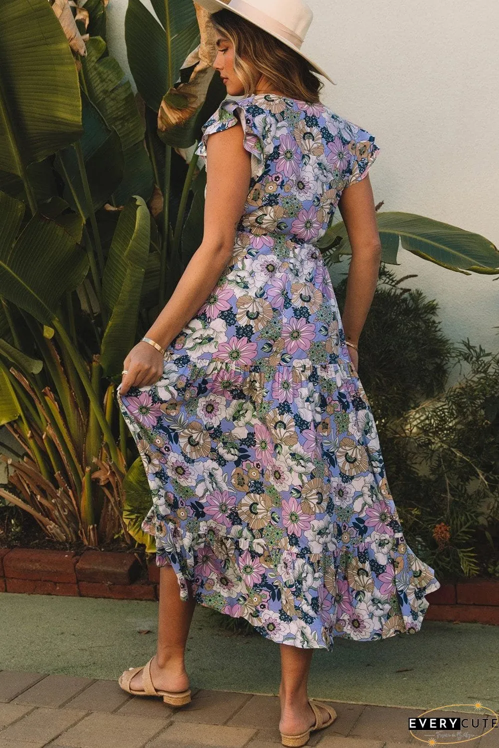 Purple Maxi Bohemian Floral Dress with Layered Ruffle Sleeves
