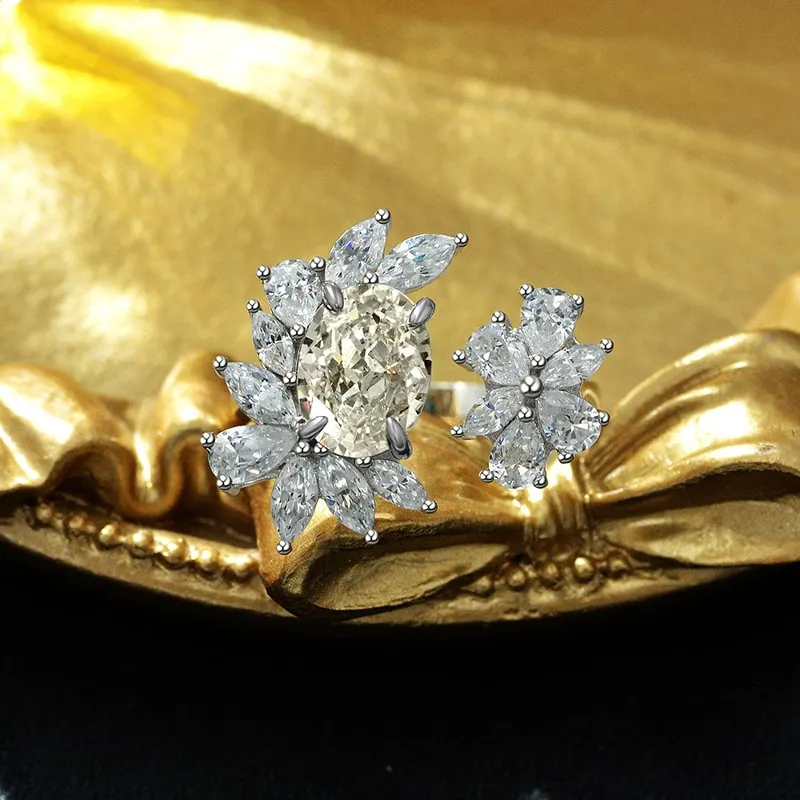 100% 925 Sterling Silver 7*9mm Oval Padma Aquamarine Yellow High Carbon Diamond Flower Rings For Women Party Fine Jewelry