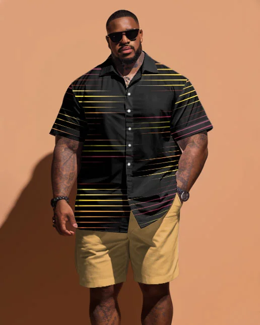 Men's Plus Size Simple Strip Print Short-sleeved Shirt And Shorts Set