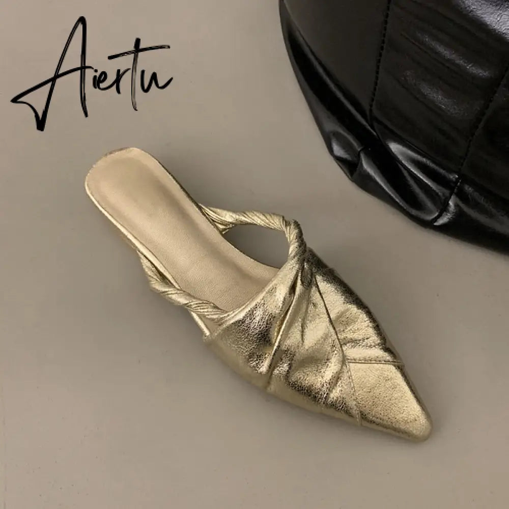 Summer New Women Sandal Fashion Gold Narrow Band Ladies Dress Slides Flat Heel Outdoor Dress Sandal Slipper Shoes Aiertu