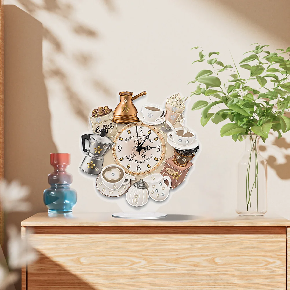 DIY Coffee Drink Special Shape Acrylic Diamond Painting Clock Art Craft