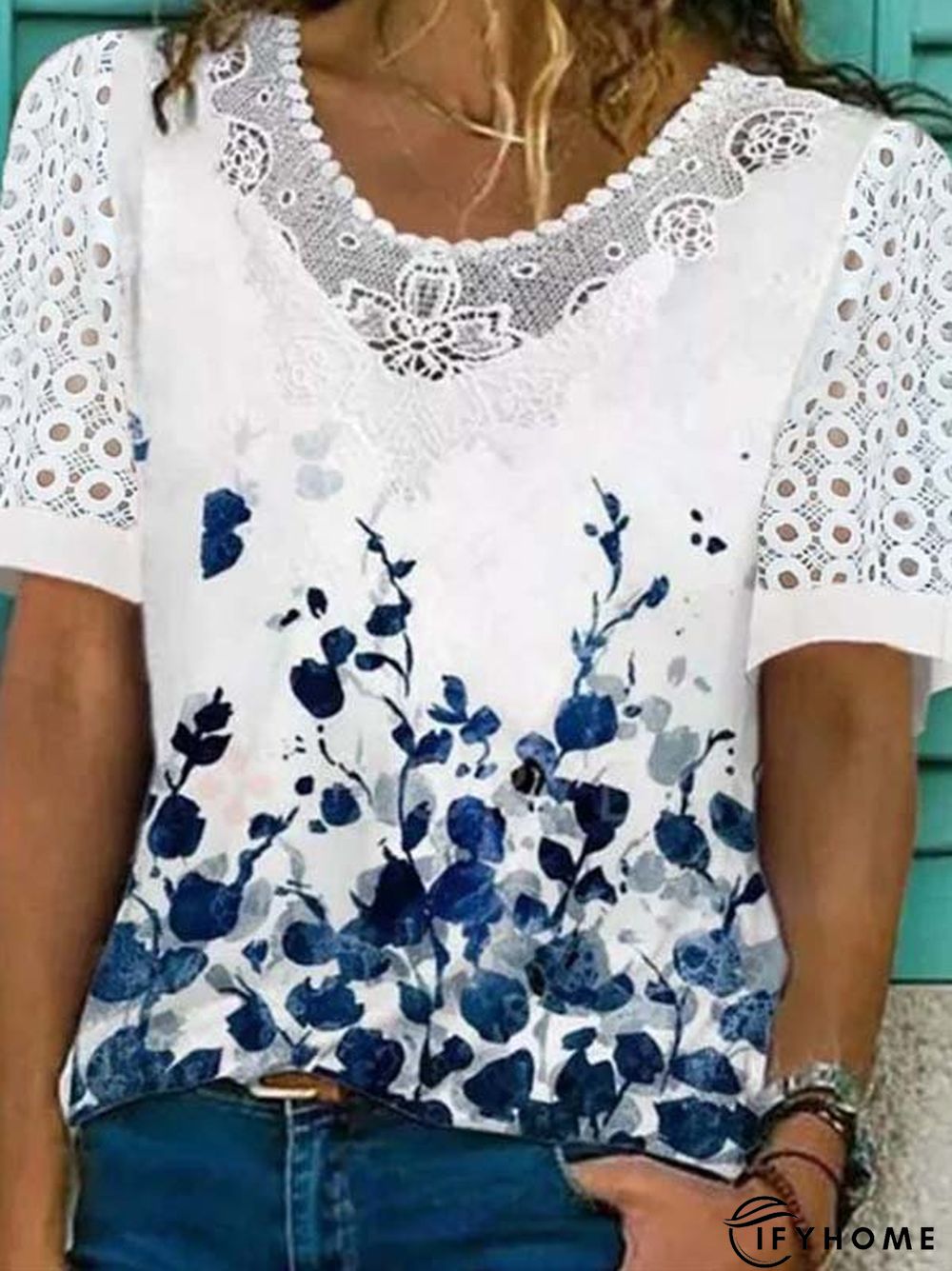 Floral Lace Crew Neck Short Sleeve Casual T-Shirt | IFYHOME