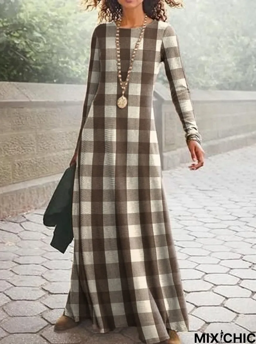 Retro Check Print Casual Long Sleeve Maxi Dress