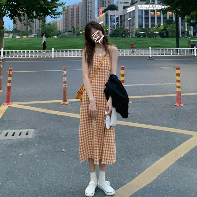 Sleeveless Dress Women Plaid Vintage Spaghetti Strap Streetwear Retro Elegant Long Dresses Korean Style All-match Cute Side Slit