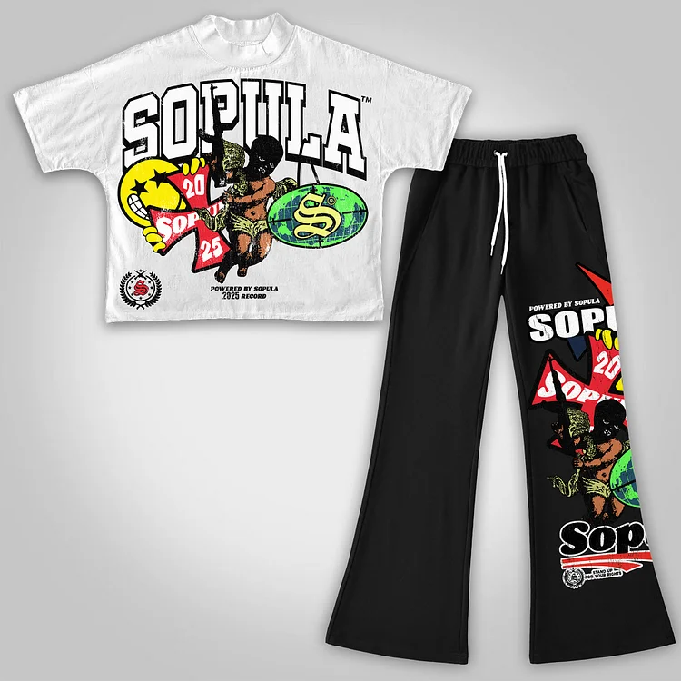 Street Stand Up For Your Rights Graphics Tee & Flared Trousers Two Piece Set