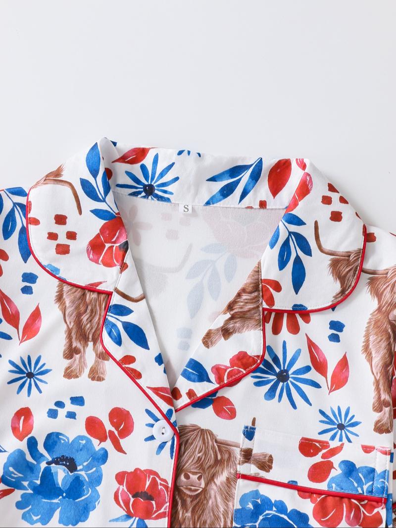 Women's Floral & Cow Print Top & Shorts Pajama Two-piece Set, Casual Comfy Short Sleeve Top & Shorts Pajama Set, Ladies Sleepwear for Summer, Womenswear