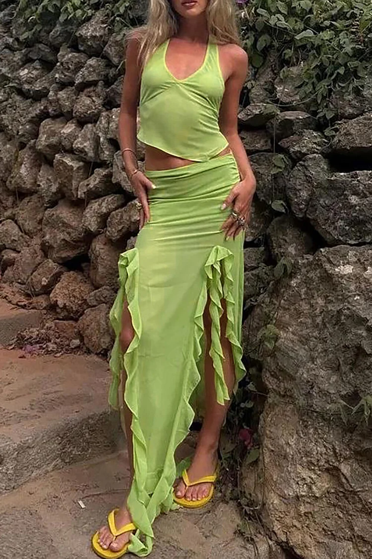 Ruffled Slit Fitted Maxi Skirt V Neck Halter Crop Top 2pcs Set-Green