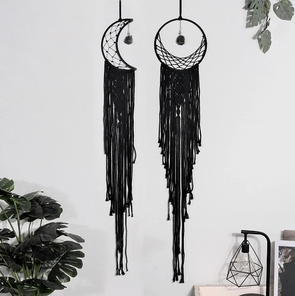 Black Sun Moon Dream Catcher Nordic Macrame Dreamcatcher With Crystal Wall Room Home Decor Yard Garden Bedroom Decoration