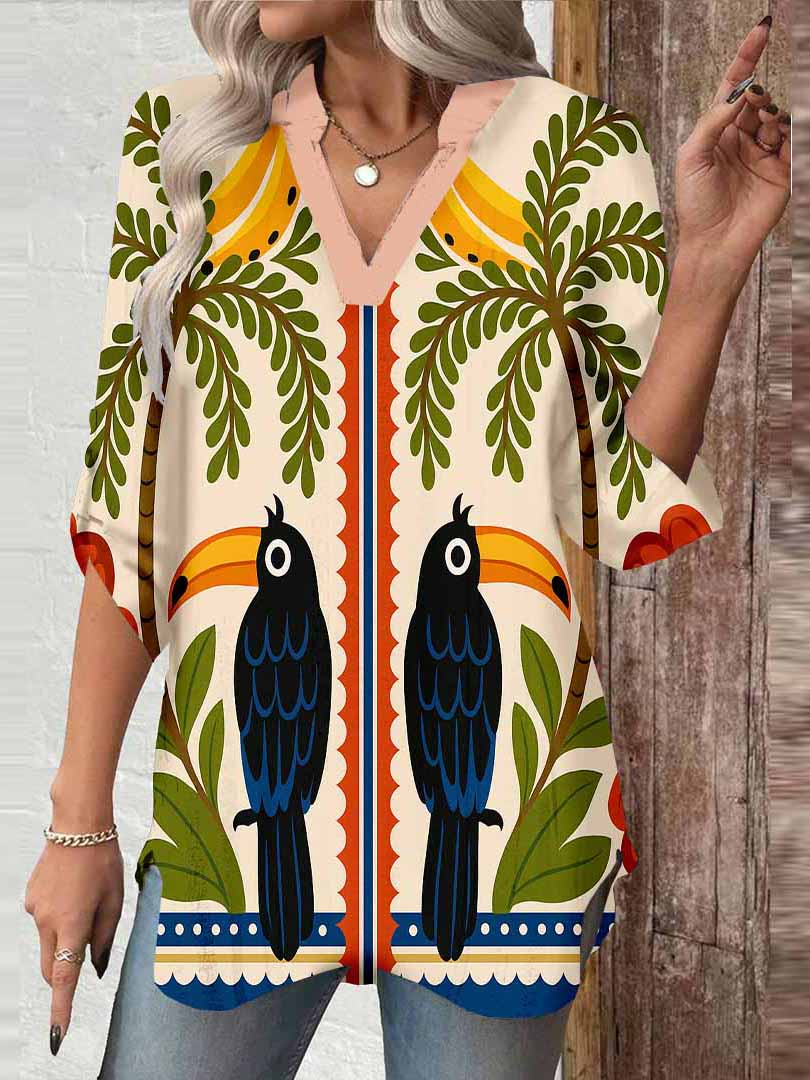 Women Tropical, Birds, Green DZGA0070 3/4 Sleeve V-neck Printed Graphic Button Tops