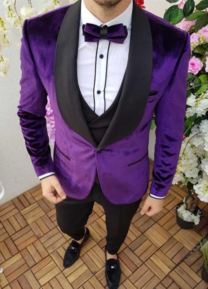 Newest Purple Black Shawl Lapel Blazer For Men Wedding Smoking Tuxedos Velvet | Ballbellas Ballbellas